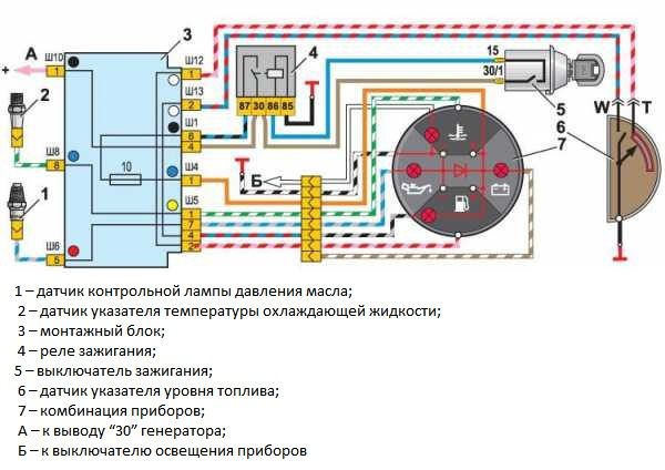 Схема подключения датчиков аварийного давления масла и уровня топлива