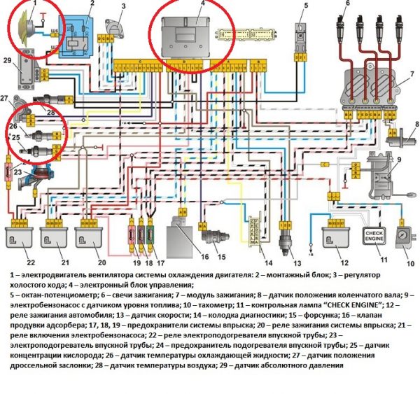 Элементы цепи вентилятора на электросхеме инжекторной ВАЗ 2107